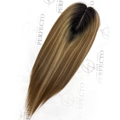 Best Human Hair Topper 3"x5" Brown with Blonde Highlight Dark Root Hair Toppers