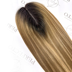 Best Human Hair Topper 3"x5" Brown with Blonde Highlight Dark Root Hair Toppers