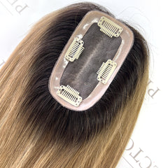 Best Human Hair Topper 3"x5" Brown with Blonde Highlight Dark Root Hair Toppers