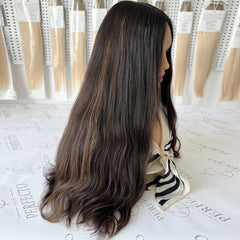 Silk Top Wig 23 Inch Natural Black Virgin Hair with Brown Highlights